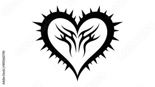 Black heart with thorns and tribal design on white background.
