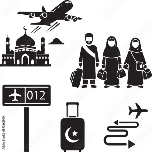 A professional vector illustration featuring a set of black travel and tourism icons and silhouettes of a business couple or people in fashion, symbolizing a sign of love for modern design