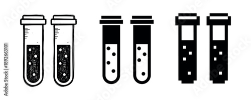 Black and white test tubes: hand-drawn and graphic designs featuring liquid