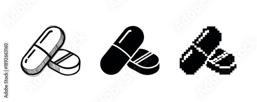 Triptych of medicine capsules in sketch, solid, and pixel art styles
