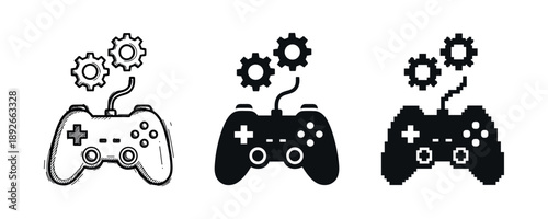 Retro game controller gear icons: vintage gaming integration designs