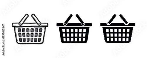 Set of three shopping basket icons in different styles
