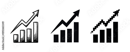 Different bar chart styles with upward arrows indicating growth trend
