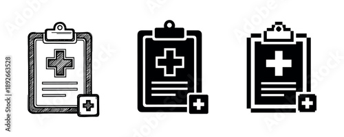 Three medical clipboard icons with cross symbols in various styles
