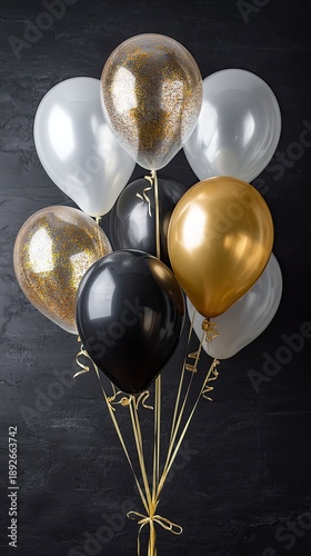 A garland of shiny gold and white balls is placed on a dark surface, creating a festive look for decoration