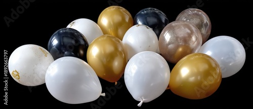 A garland of shiny gold and white balls is placed on a dark surface, creating a festive look for decoration