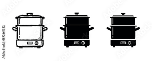 Triple style electric steamer icons: sketch, solid, outline