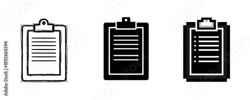 Various styles of clipboard icons: sketch, solid, and outline designs