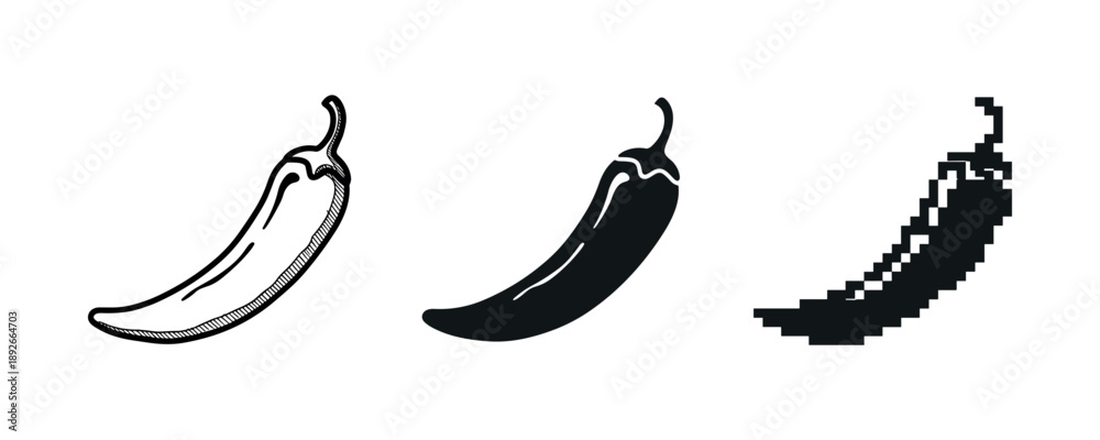Obraz premium Chili pepper evolution: hand-drawn, solid, pixel styles on white background