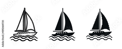 Set of three sailboat icons in vintage, modern, and pixel art styles