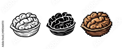 Illustration of brain in three styles: sketch, silhouette, and pixel art
