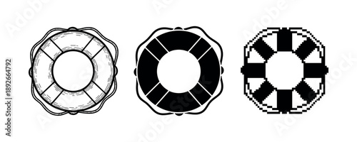 Three lifebuoy designs: sketch, silhouette, pixelated black and white styles