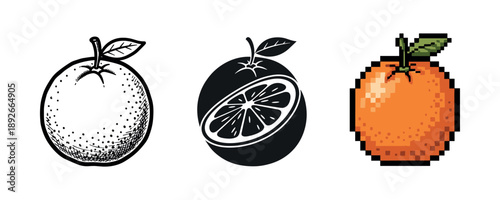 Contrast of orange styles: sketch, monochrome, and pixel art illustrations