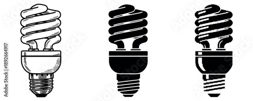 Graphic designs of spiral energy-saving light bulbs in three styles
