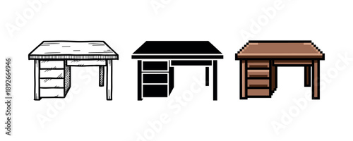 Three different desk designs: sketch, silhouette, pixel art variations