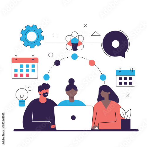  Collaborative team working on a new business project with planning and idea generation icons, Illustrator Artwork