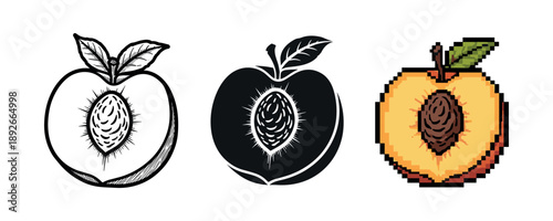 Creative variations of a peach: sketch, silhouette, and pixel art designs