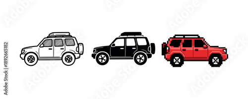 Three suvs in black, white, and pixel art style on white background