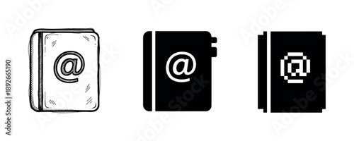 Set of three stylish address book icons with at symbol for digital contacts