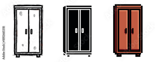 Three illustrated wardrobes: sketched, minimalist, and vibrant designs