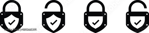 Lock and unlock security icons – padlock symbols in locked and unlocked states with shield and check mark, representing protected, verified, and secure access, ideal for cybersecurity, data privacy.