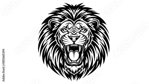 Black and white illustration of a roaring lion's head with detailed mane.