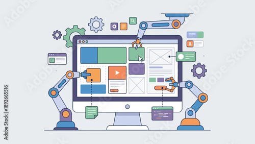 Robotic arms building and optimizing a user interface on a computer screen, illustrating automated web development and digital product creation.