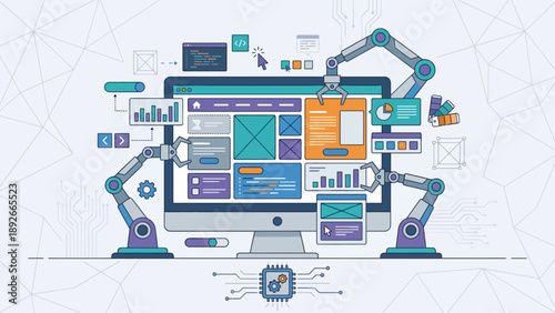 Automated web development and UI/UX design with robotic arms optimizing software interface on a computer screen.