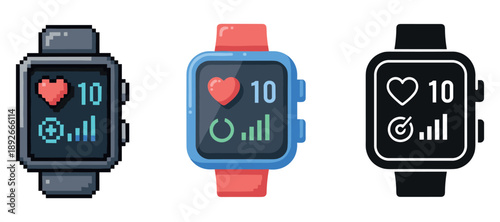 Three digital smartwatches with heart and activity icons in pixel, colorful, and monochrome styles
