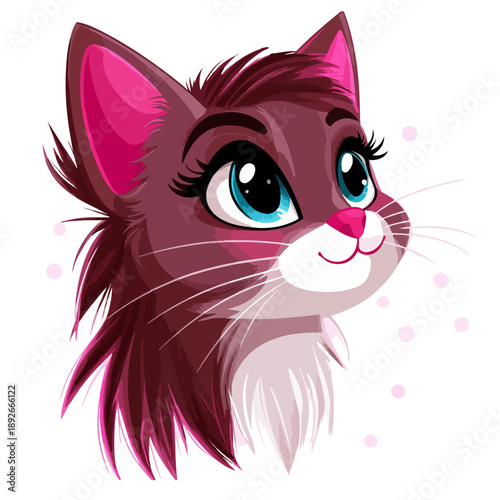 Cute brown cat vector character with pink hair and blue eyes. Adorable smiling kitten portrait in cartoon style for kids design and nursery decor.