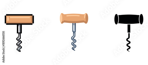 Comparison of corkscrew types: pixel art, modern, and silhouette designs