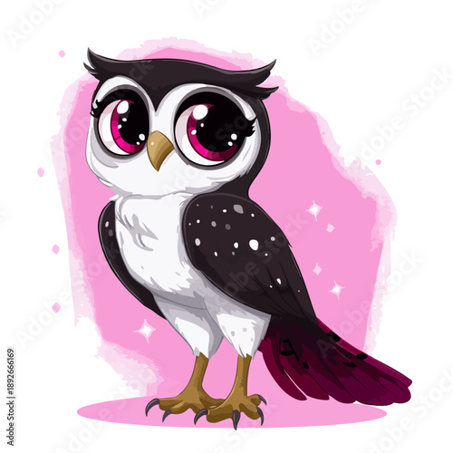 Cute vector owl character with big pink eyes on a pink background. Adorable forest bird illustration for nursery decor, stickers, and kids design.