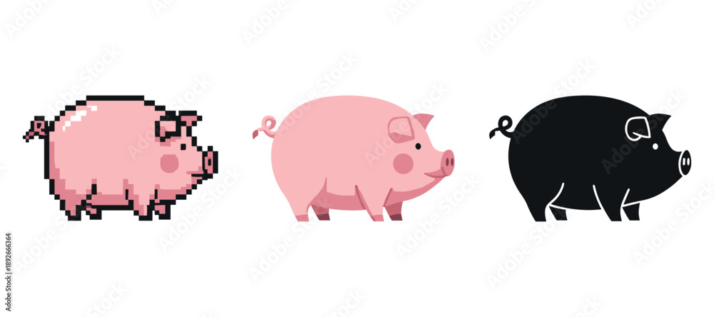 Obraz premium Stylized pig trio: pixelated, cartoon, silhouette designs