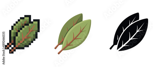 Three styles of bay leaves: pixel, illustrated, and silhouette representations