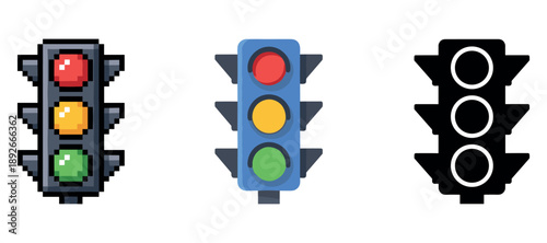 Pixelated, colored, and silhouette traffic light designs on white background