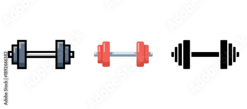 Variety of dumbbell designs in icon illustrations on white background
