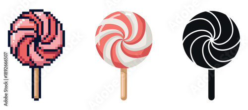 Pixelated, peppermint, and silhouette lollipops in various artistic styles