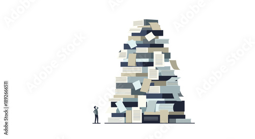 Tiny Businessman Looking at a Gigantic Pyramid of Books and Loose Papers Representing Information Overload