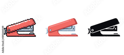Three styles of staplers: pixelated, modern, silhouette