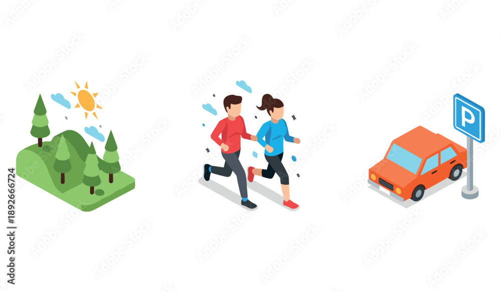 Fototapeta premium Isometric illustrations of landscape, running couple, and car parking