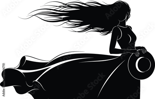 Striking black and white silhouette graphic portrays a beautiful woman with long flowing hair holding a wide brim hat outdoors