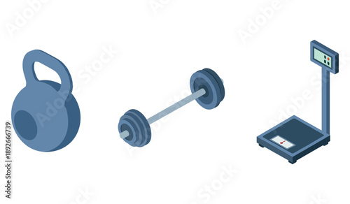 Fitness equipment icons: kettlebell, barbell, digital scale for exercise routine