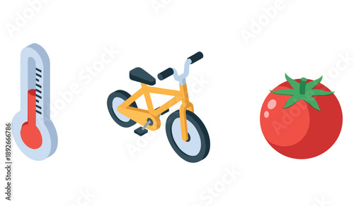 Thermometer, bicycle, and tomato icons on white background