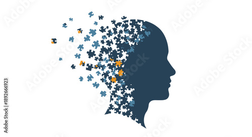 Human Profile Silhouette Composed of Blue and Yellow Puzzle Pieces Breaking Apart and Flying Away