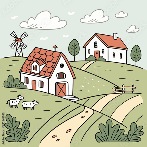 Cute farm village scene, idyllic rural illustration.