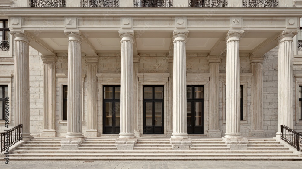 Naklejka premium A symmetrical exterior of a classic building with a grand, columned portico, stairs, and dark doorways, all in light stone