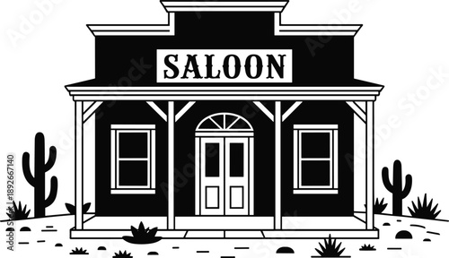 Cartoon Western saloon building silhouette with porch, columns, desert plants, and bold signage in classic frontier style.