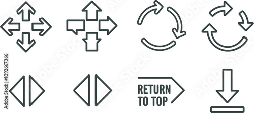 Collection of eight simple outline icons depicting various navigation movement and refresh actions for user interfaces and web design