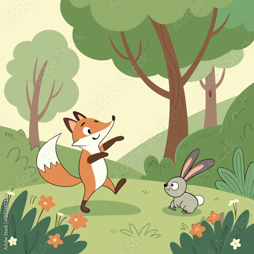 Friendly animal forest environment, cute illustration.