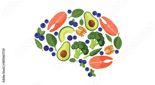 Human Brain Shape Formed by Healthy Superfoods Including Salmon Avocado Blueberries Broccoli and Walnuts